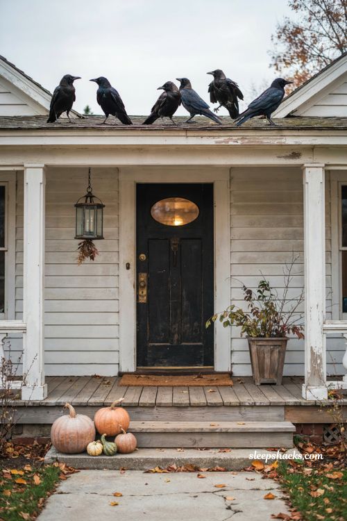 Crow Halloween exterior decorations with black crows above the front door and pumpkins on steps 