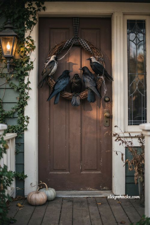 Crow and raven Halloween wreath with gothic black grapevine front door decor