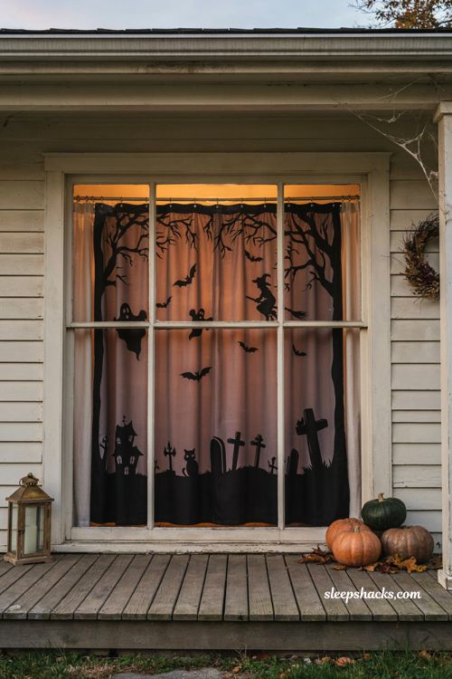 Custom shower curtain Halloween window silhouette with colorful backlighting 