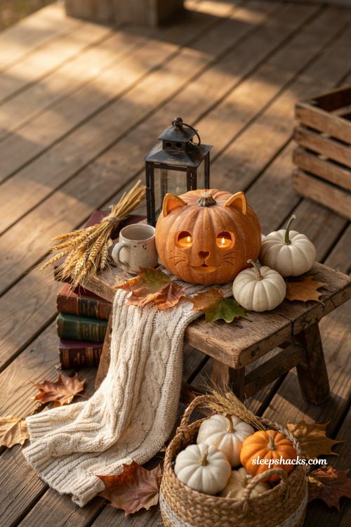 Cute cat face pumpkin carving idea for a cozy farmhouse Halloween porch