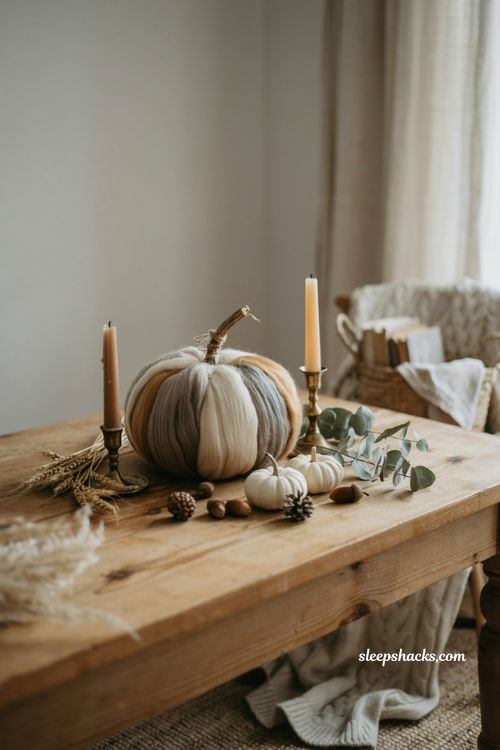 Cute pumpkin decorating ideas with cozy wool roving wrapped pumpkin for neutral farmhouse fall decor