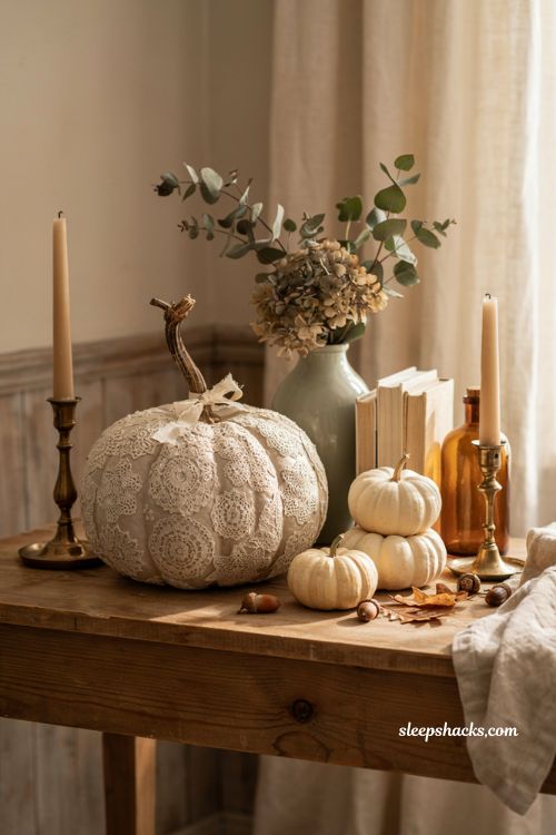 Cute pumpkin decorating ideas with elegant doily covered pumpkin for vintage farmhouse fall decor