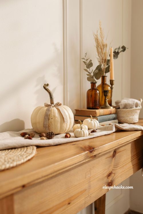 Cute pumpkin decorating ideas with faux pumpkin and real stem for realistic farmhouse fall decor
