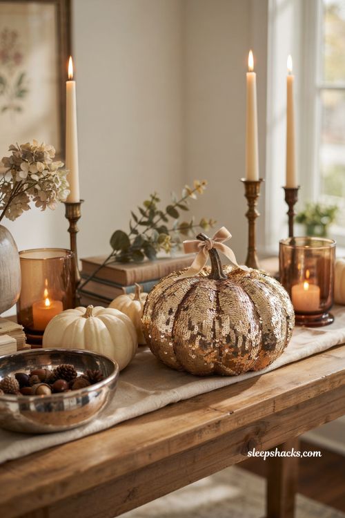 Cute pumpkin decorating ideas with glamorous gold sequined pumpkin for elegant fall decor