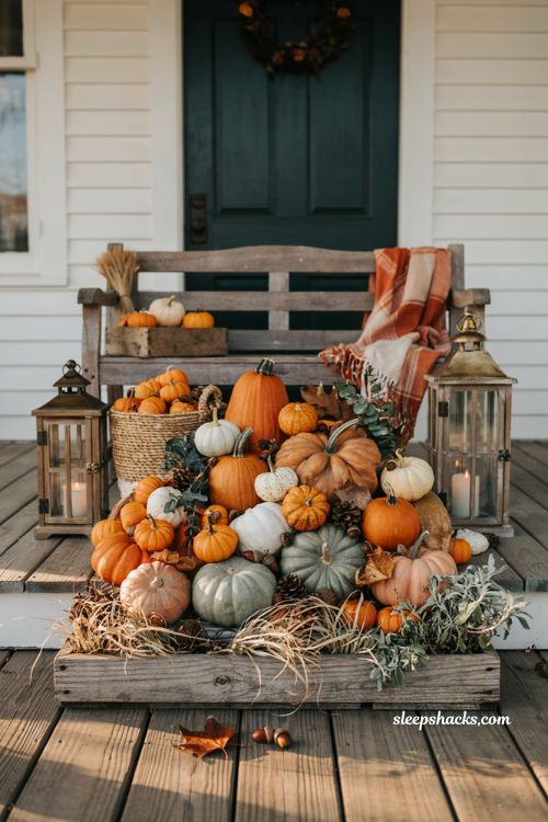 Cute pumpkin decorating ideas with grouped pumpkin patch display for cozy farmhouse fall porch