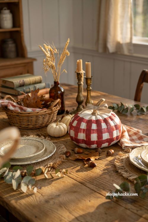 Cute pumpkin decorating ideas with hand painted gingham pumpkin for cozy farmhouse fall table decor