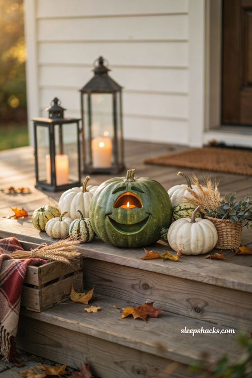 Cyclops monster face pumpkin carving idea for a fun kid friendly Halloween porch