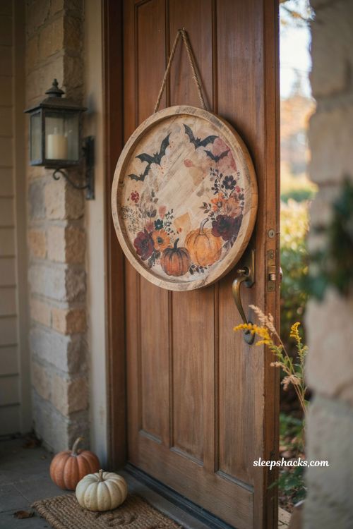 DIY Halloween door hanger with vintage napkin decoupage and rustic wood design