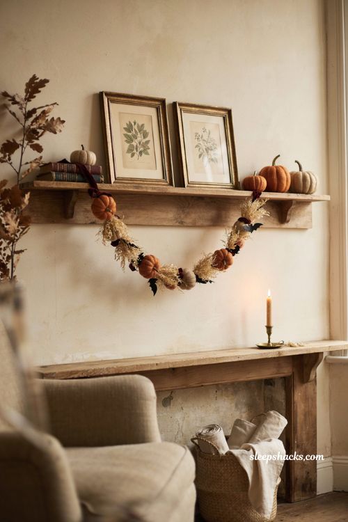 DIY Halloween garland mantel display with gentle swags and cozy farmhouse decor