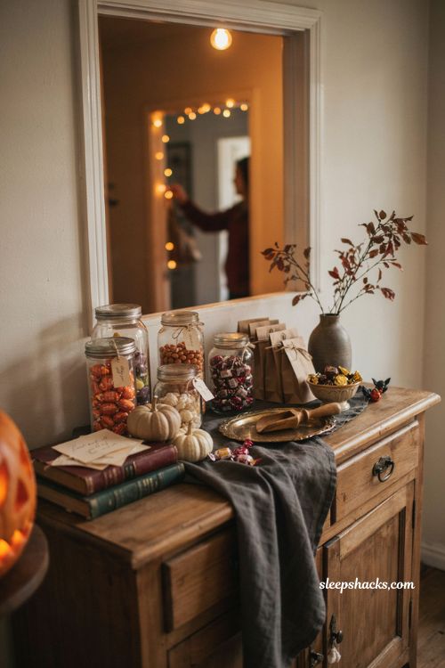 DIY Halloween loot bag and candy jar station for a cozy house party