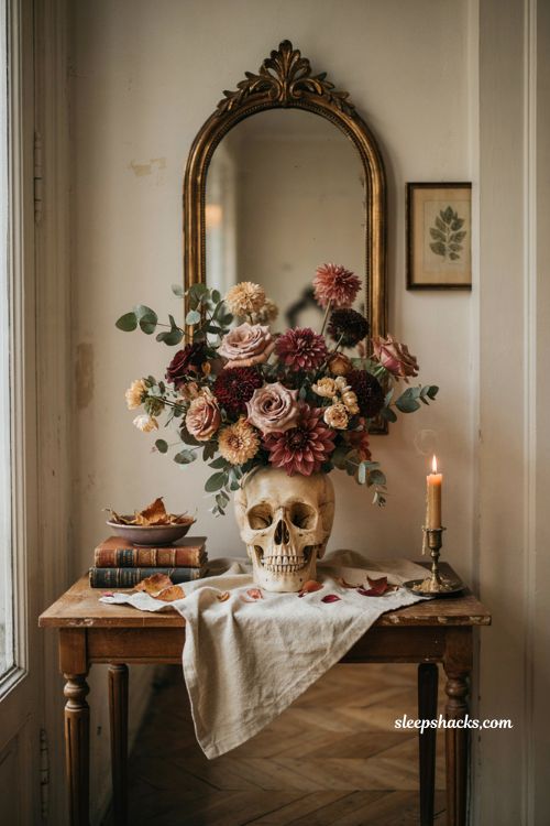 DIY Halloween skull vase centerpiece with vintage flowers and entryway decor