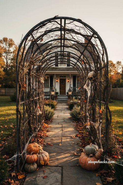 DIY Halloween vine and skeleton archway with tangled roots spooky entrance and autumn decor