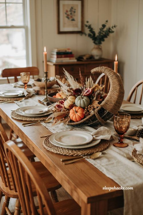 DIY cornucopia basket centerpiece with pumpkins and gourds for Thanksgiving table