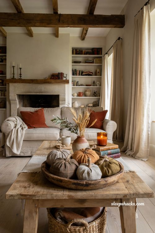 DIY fabric pumpkins in a wooden dough bowl for cozy fall living room decor