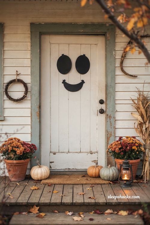 DIY ghost door with black paper face on a farmhouse front porch
