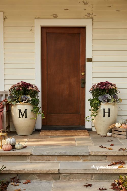 DIY monogrammed fall planters with mums for personalized front porch decor