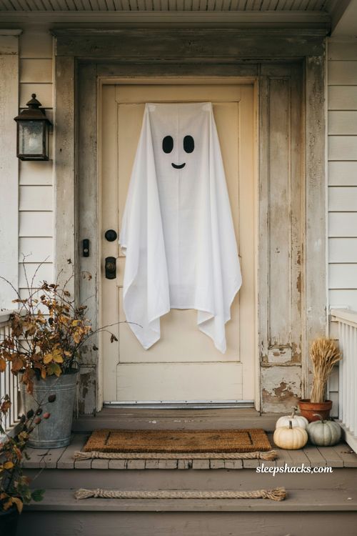 DIY tablecloth door ghost with simple black eyes for cheap Halloween decor 