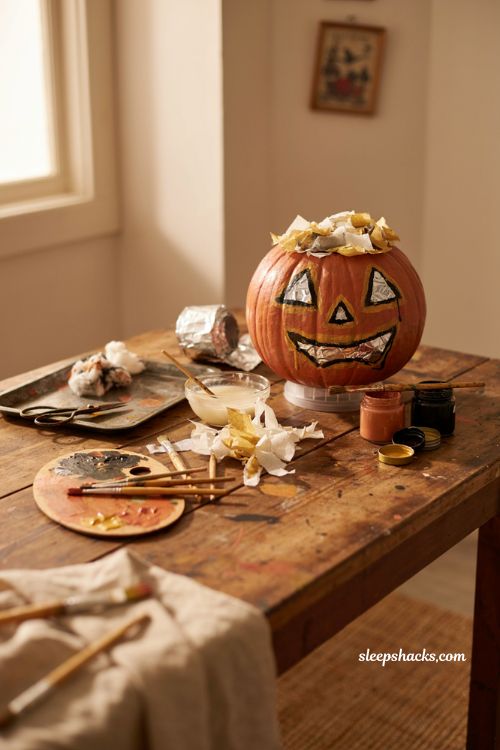 DIY vintage paper mache pumpkin from plastic jack o lantern with aged finish