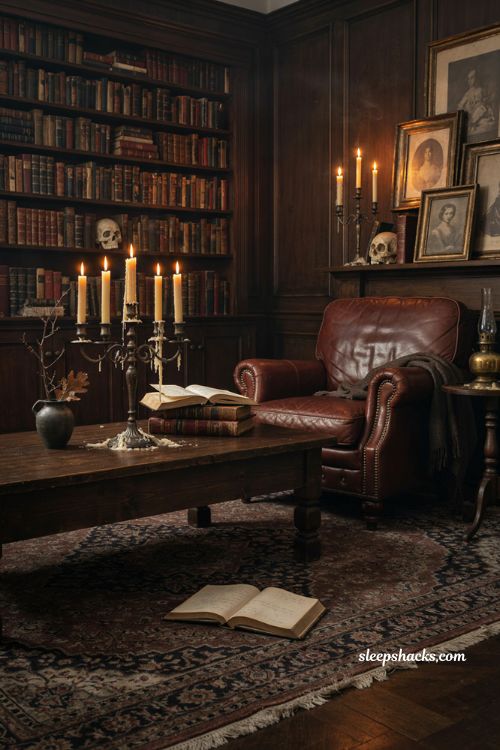 Dark academia Halloween living room decor with Gothic candlesticks, skulls, candelabra, and old books 