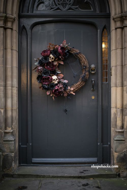Dark bloom wreath with black roses burgundy flowers skulls and spider webs Halloween decor