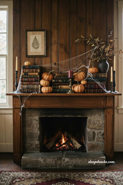 Dark books pumpkins and cobwebs for vintage Halloween fireplace decor