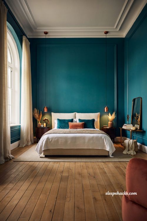 Dark teal bedroom with copper accents and luxurious modern decor