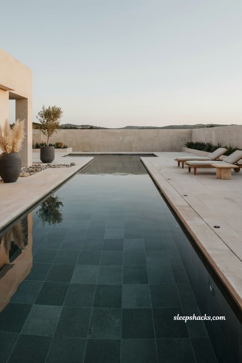 Dark tile infinity pool ideas for modern backyard