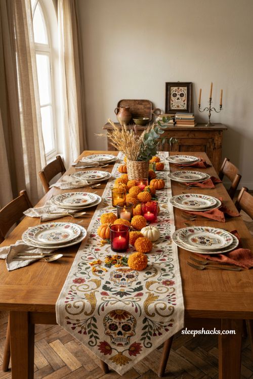 Day of the Dead skull and marigold Halloween table runner with colorful decor