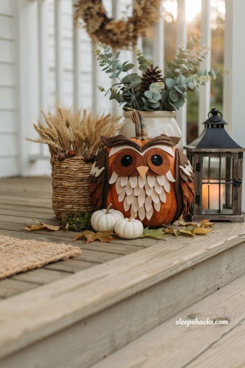 Decorate pumpkin ideas with felt cutout owl pumpkin for cozy woodland fall porch decor