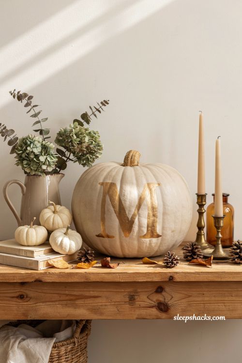 Decorate pumpkin ideas with homemade monogram stencil pumpkin for elegant farmhouse fall decor