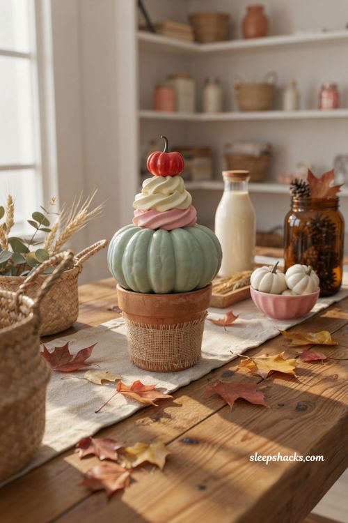 Decorate pumpkin ideas with ice cream cone pumpkin for playful fall farmhouse decor