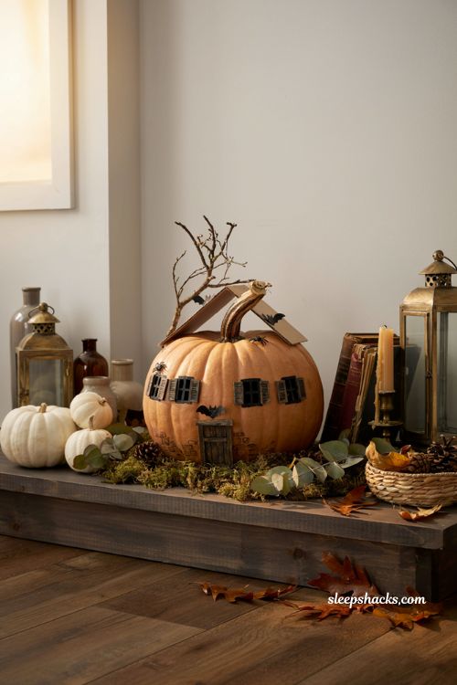 Decorate pumpkin ideas with mini haunted house pumpkin for cozy Halloween entry table decor