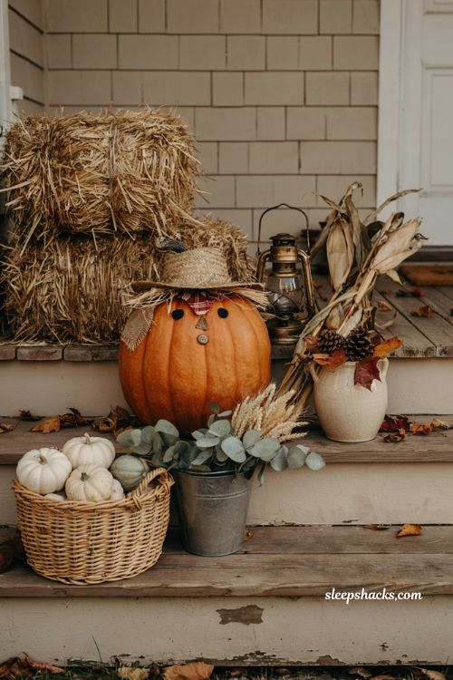Decorate pumpkin ideas with no carve scarecrow pumpkin for cozy farmhouse fall porch decor