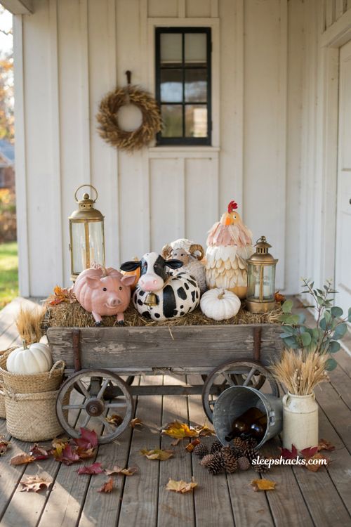 Decorate pumpkin ideas with painted farm animal pumpkins for cozy farmhouse fall porch decor