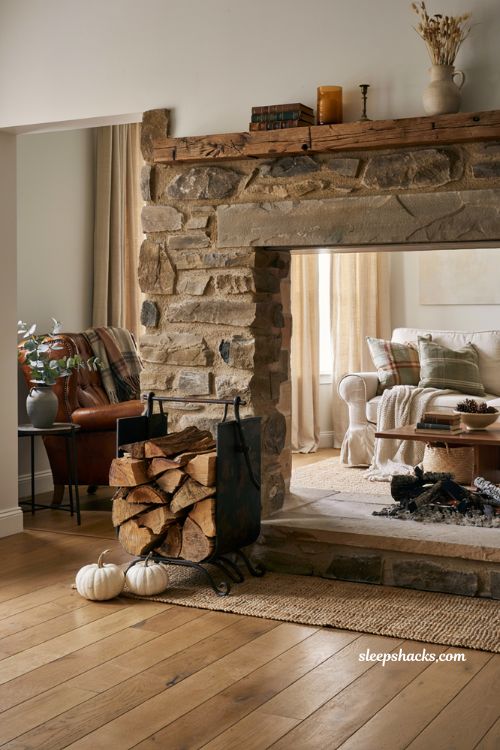 Decorative firewood holder ideas for cozy farmhouse fall fireplace decor