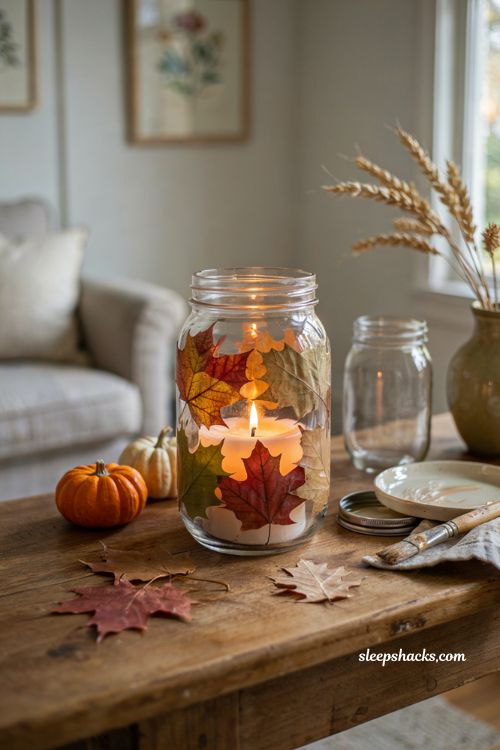 Decoupaged fall leaf mason jar candle holder with cozy autumn glow