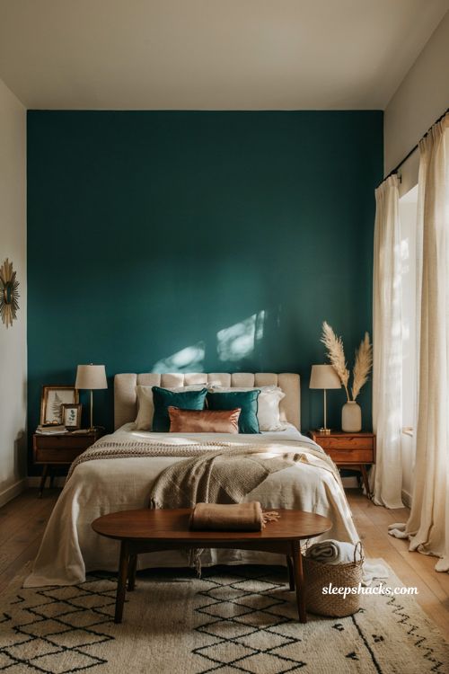 Deep teal accent wall bedroom with copper accents and luxury bedding