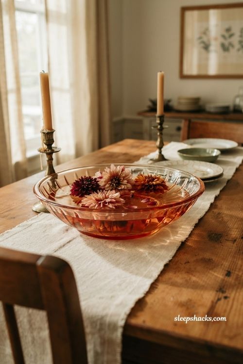 Depression glass bowl with floating mums and dahlias for vintage fall table decor