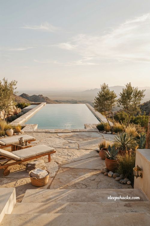 Desert infinity pool ideas with natural stone landscaping