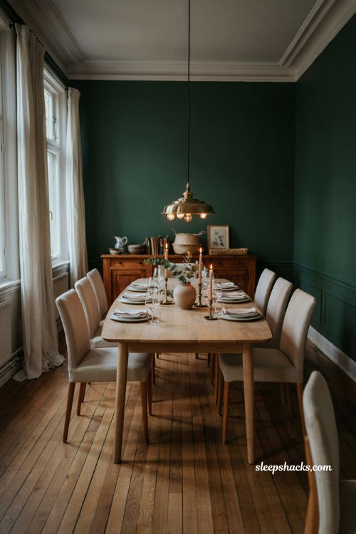 Dining room decoration ideas with deep forest green walls