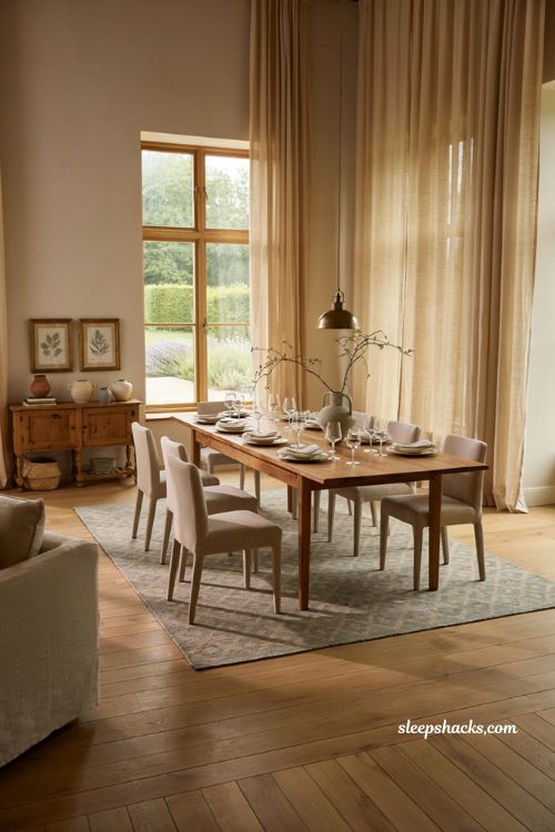 Dining room decoration ideas with floor to ceiling linen drapes