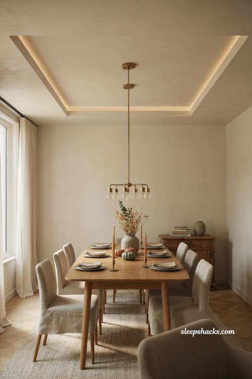 Dining room fall ceiling with statement chandelier rectangular design and warm autumn decor