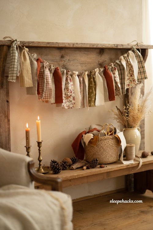 Diy fabric and burlap strip garland with rustic fall farmhouse mantel decor