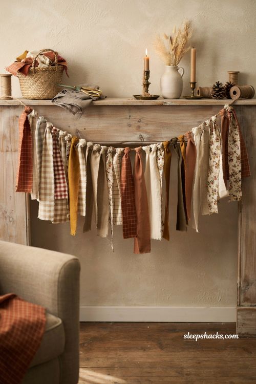 Diy fabric scrap fall garland with plaid buffalo check and rustic mantel decor