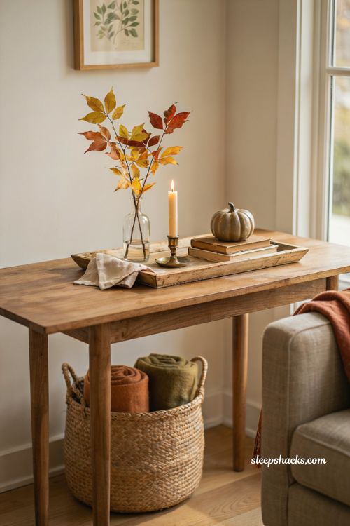 Diy fall centerpiece for coffee table with tray vase candle and books