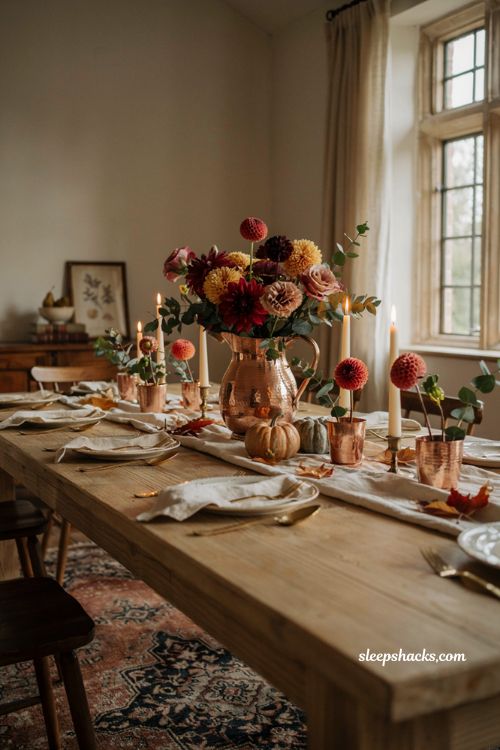 Diy fall centerpieces for table with copper vessel and warm toned flowers