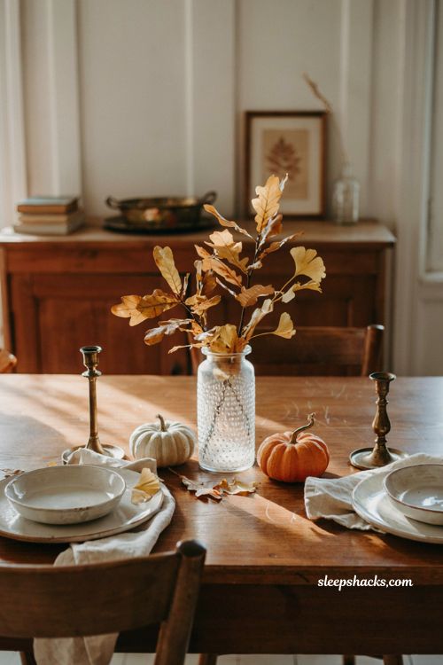 Diy fall centerpieces for table with milk glass vase and autumn branches