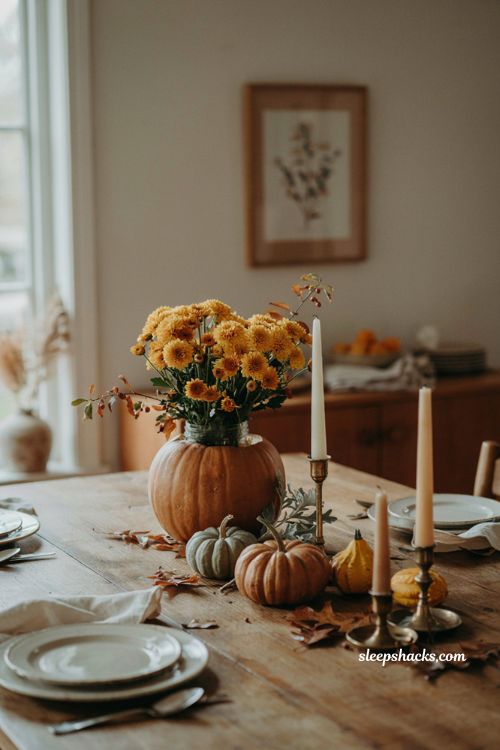 Diy fall centerpieces for table with pumpkin vase and yellow mums