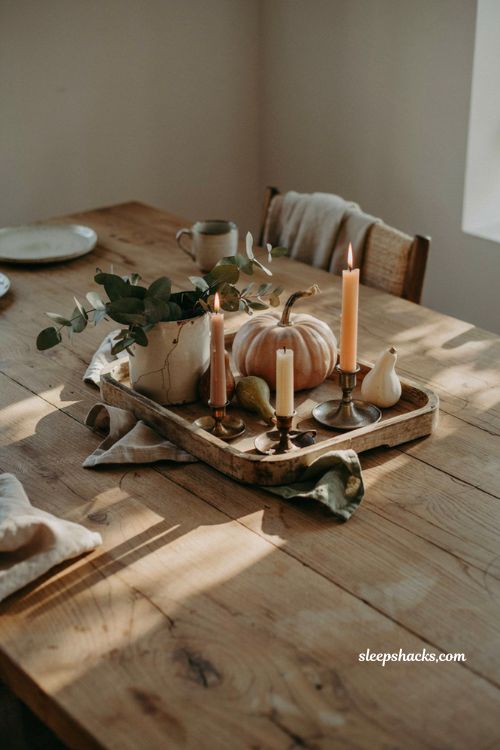Diy fall centerpieces for table with pumpkins and eucalyptus