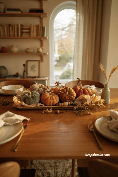 Diy fall centerpieces for table with velvet pumpkins and rustic textures